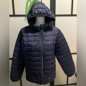 GAP kids blue puffer jacket, shiny hearts. Size XXL 14/15